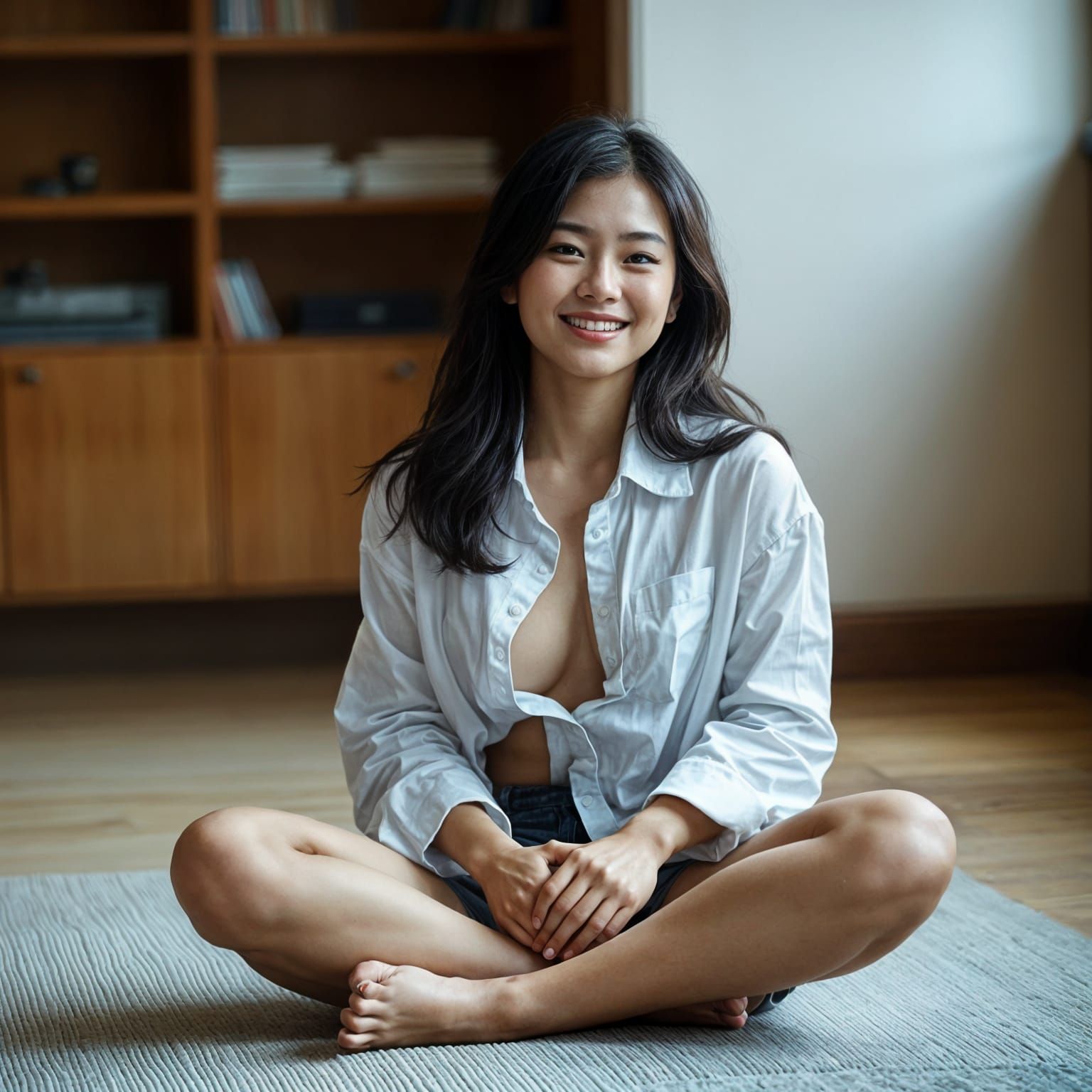 Beautiful Korean Woman in White Shirt Smiling Demurely