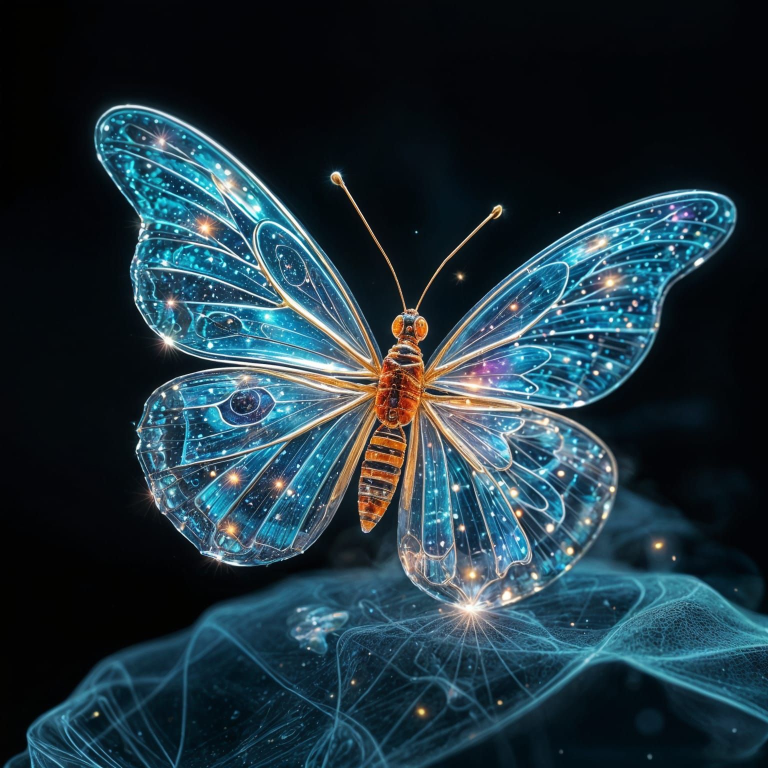 Glowing Glass Butterfly in a Cosmic Galaxy