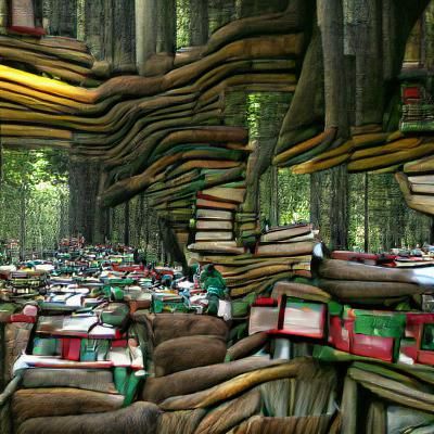 Enchanted Forest Composed of Towering Books