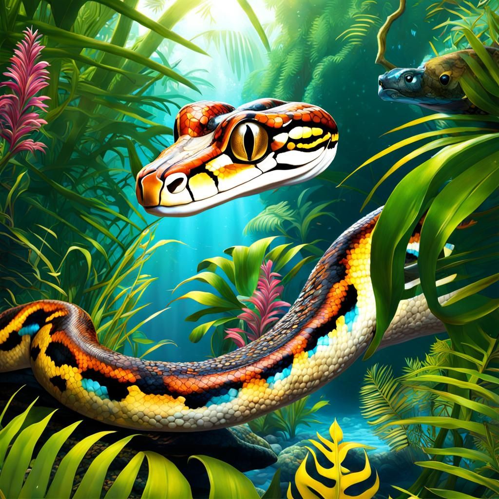 Boa Constrictor Swimming in Jungle River