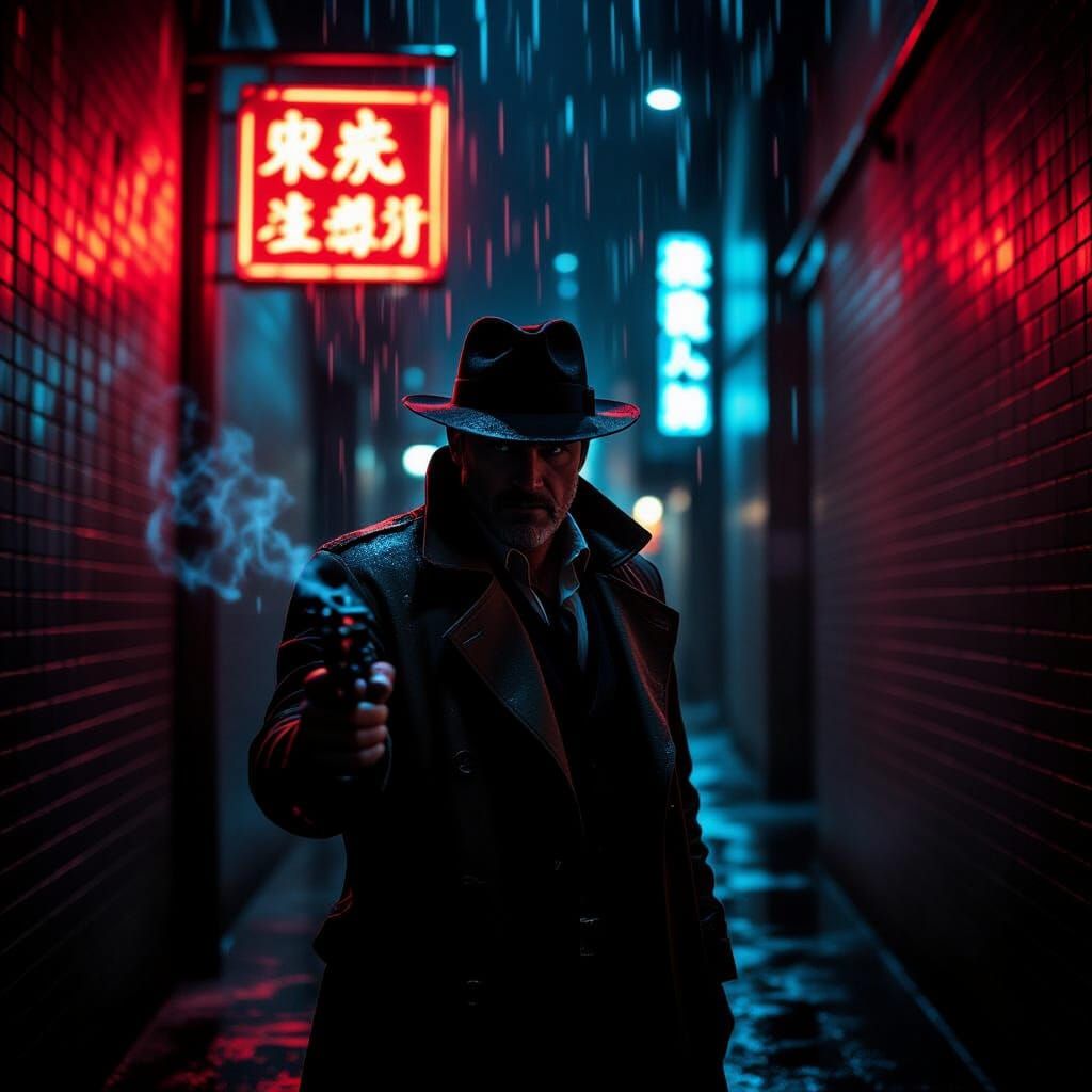 Detective in Rainy Alleyway, Film Noir Style
