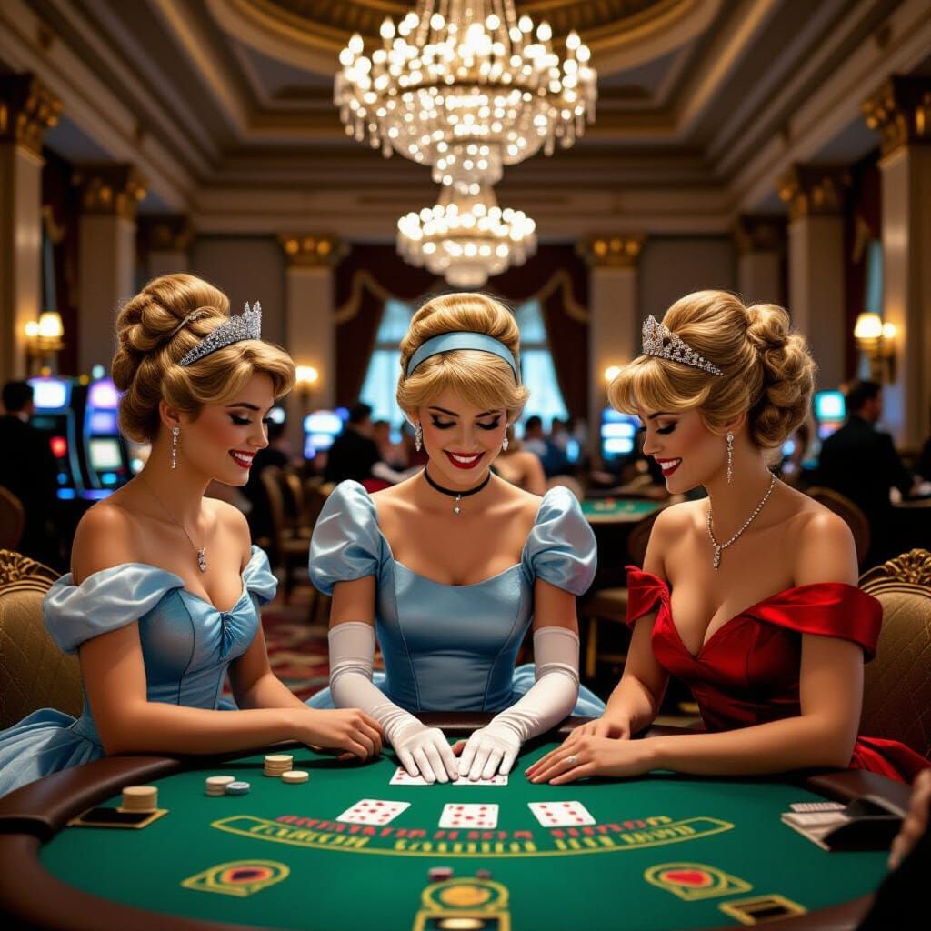 Cinderella and Stepsisters Play Blackjack in Luxurious Casin...