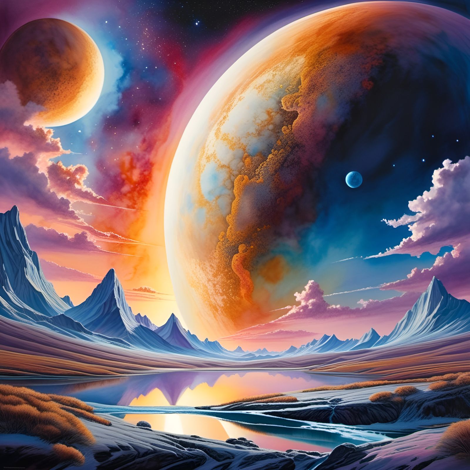 Earth Seen from Moon in Watercolor Landscape