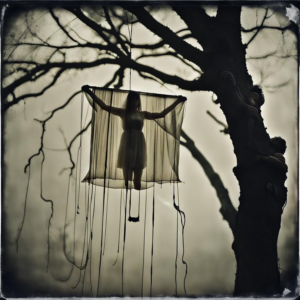 Woman in Rain: Surreal Vintage Horror Photograph