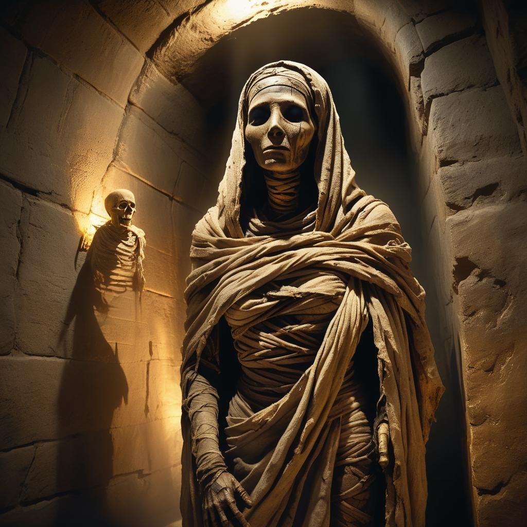 Mummy Rising in Dim Crypt: Dark Fantasy Art