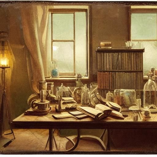 Vintage Science Lab with Winter View, Oil Painting