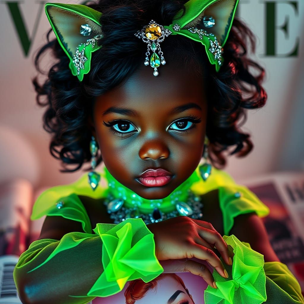 Black Child Model in Neon Cat Costume, Manhwa Style