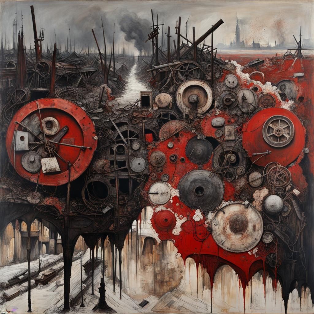 Surreal Chaos Near War Trenches in Vintage Style