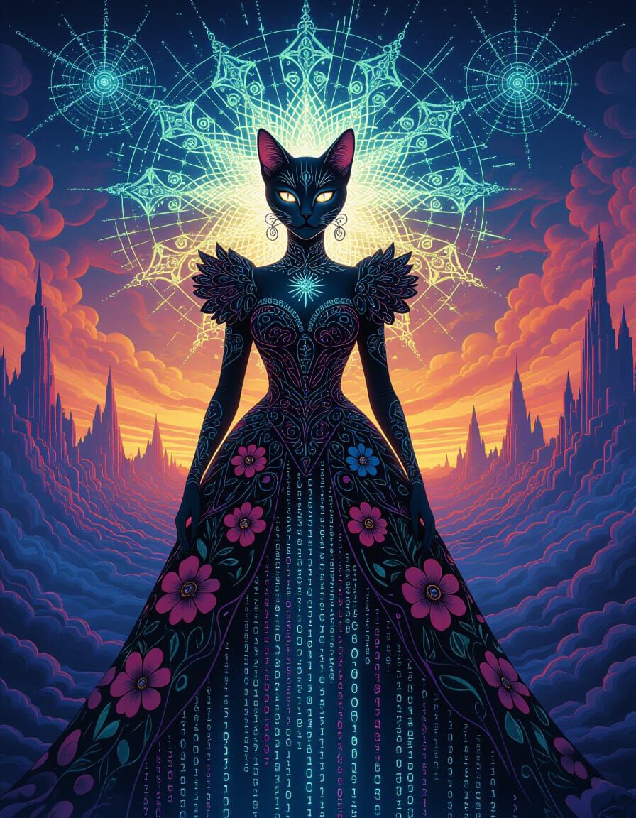 Regal Catrina Figure in Surreal Digital Landscape