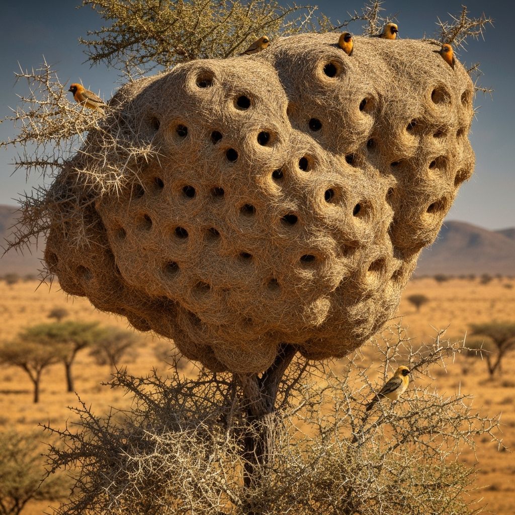 Sociable Weaver Bird Nests in South Africa Gouache Style