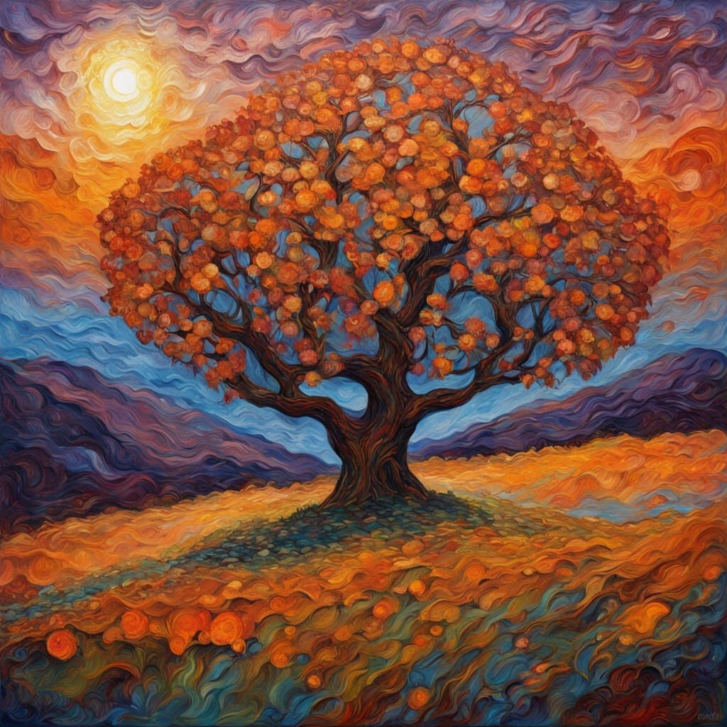 Neo-Impressionist Oil Painting of a Maple Tree at Sunset