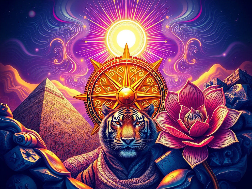 Intricate 3D Compass with Sun, Tiger and Pyramid
