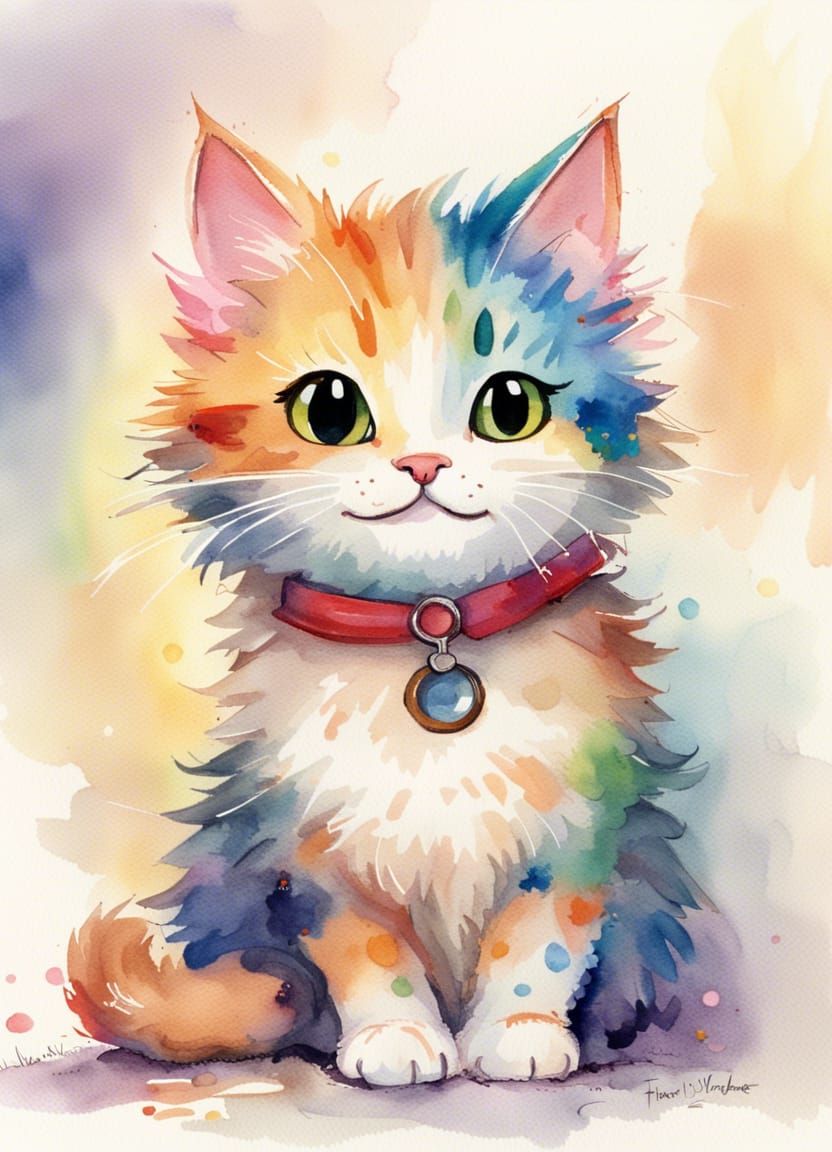 Friendly Cat Smiling in Watercolor Style