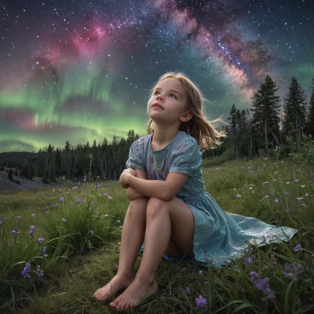 Girl Gazing at Galaxy and Aurora: Hyper-Realistic Art