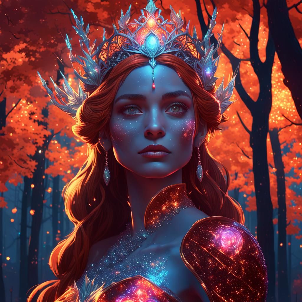 Fire Princess in Sparkling Forest: Hyperdetailed Portrait