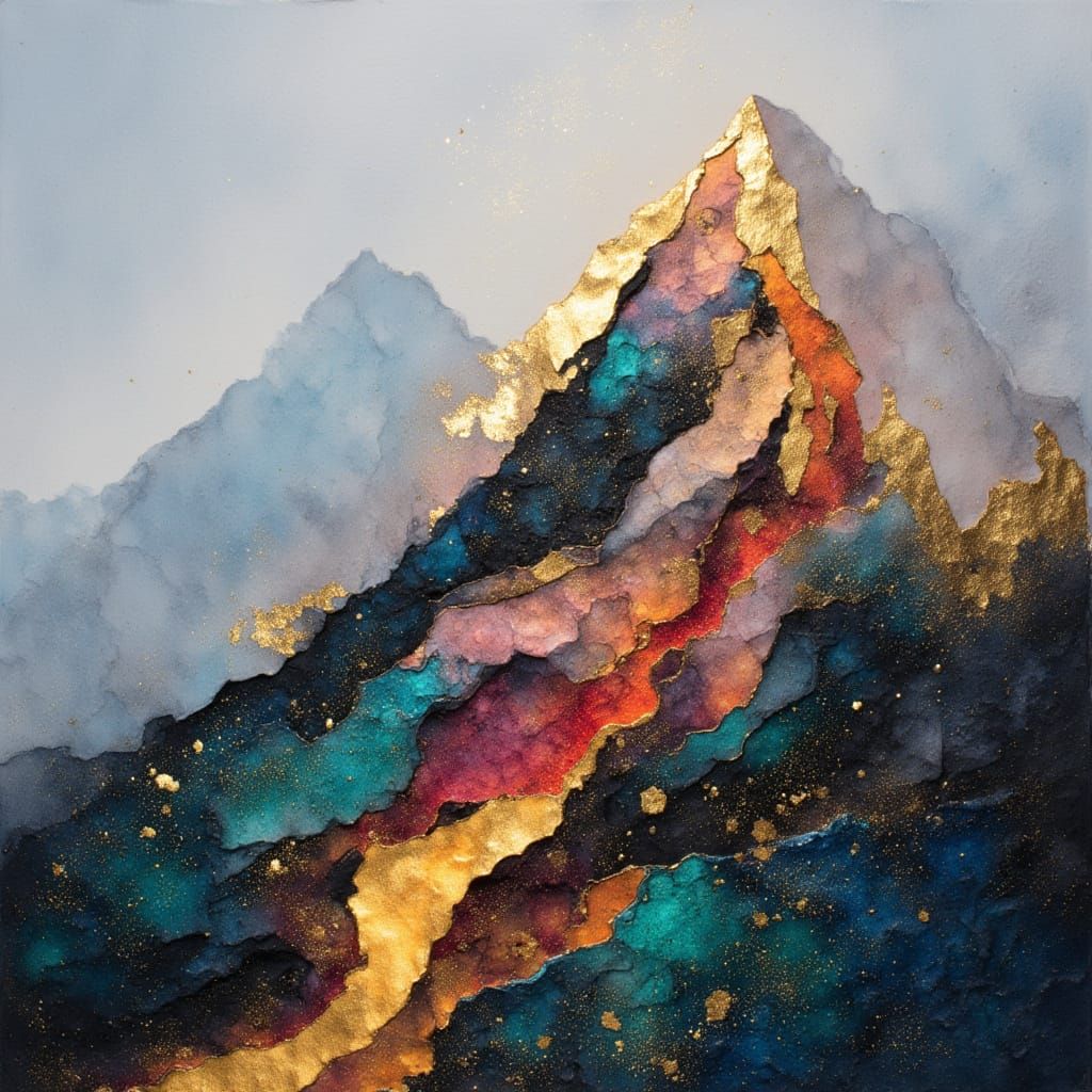 Majestic Mountain Peak with Golden Leaves and Fiery Streams