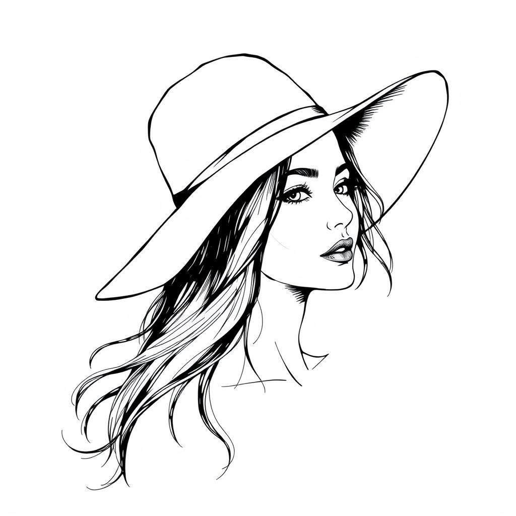 Elegant Woman in Hat: Black and White Ink Drawing