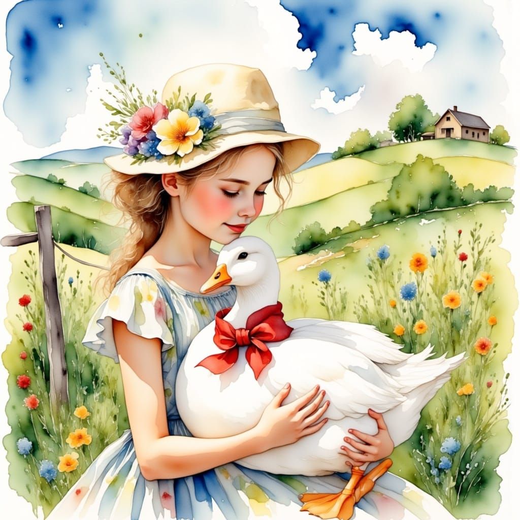 Whimsical Watercolour Scene of Girl and Goose in Countryside