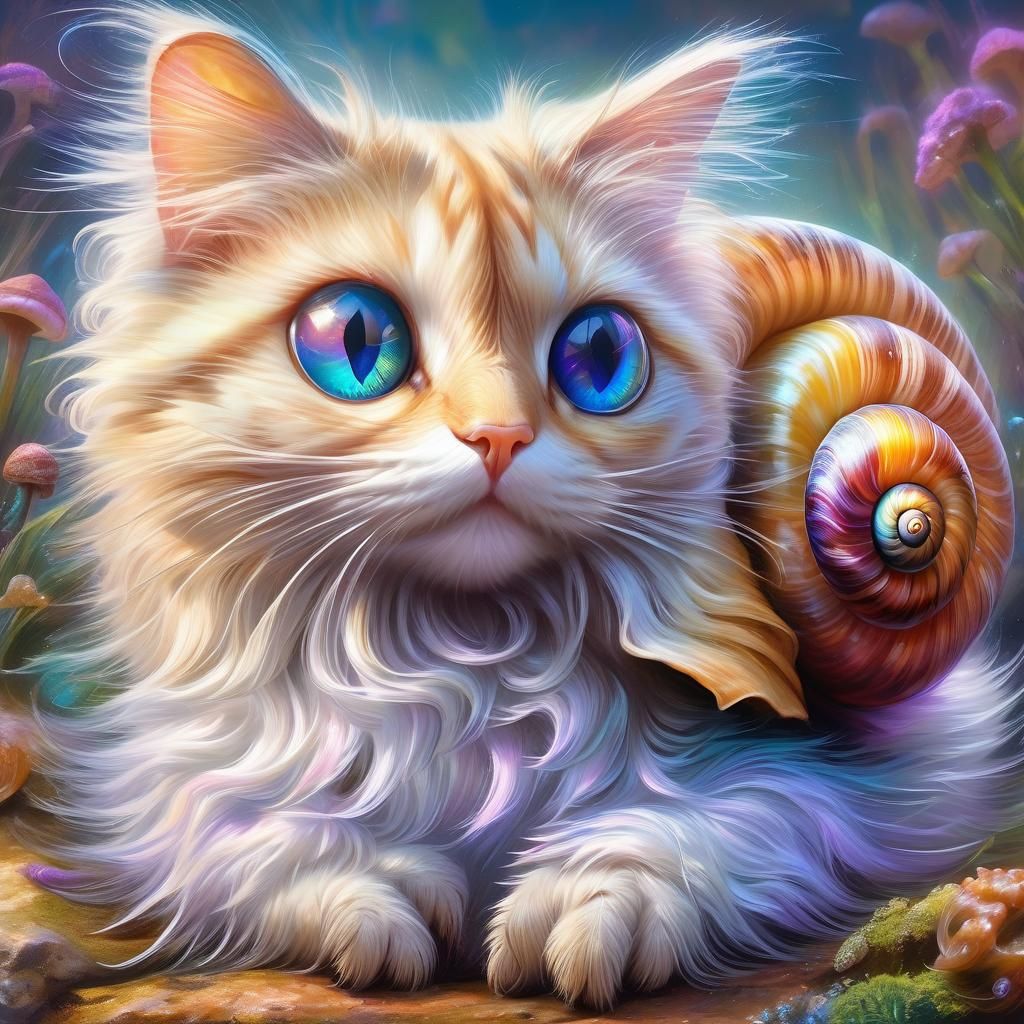 Hyperrealistic Cat-Snail Creature in Oil Painting Style