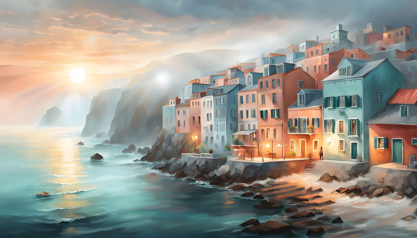 Misty Coastal Village with Soft Sunlight and Pastel Houses