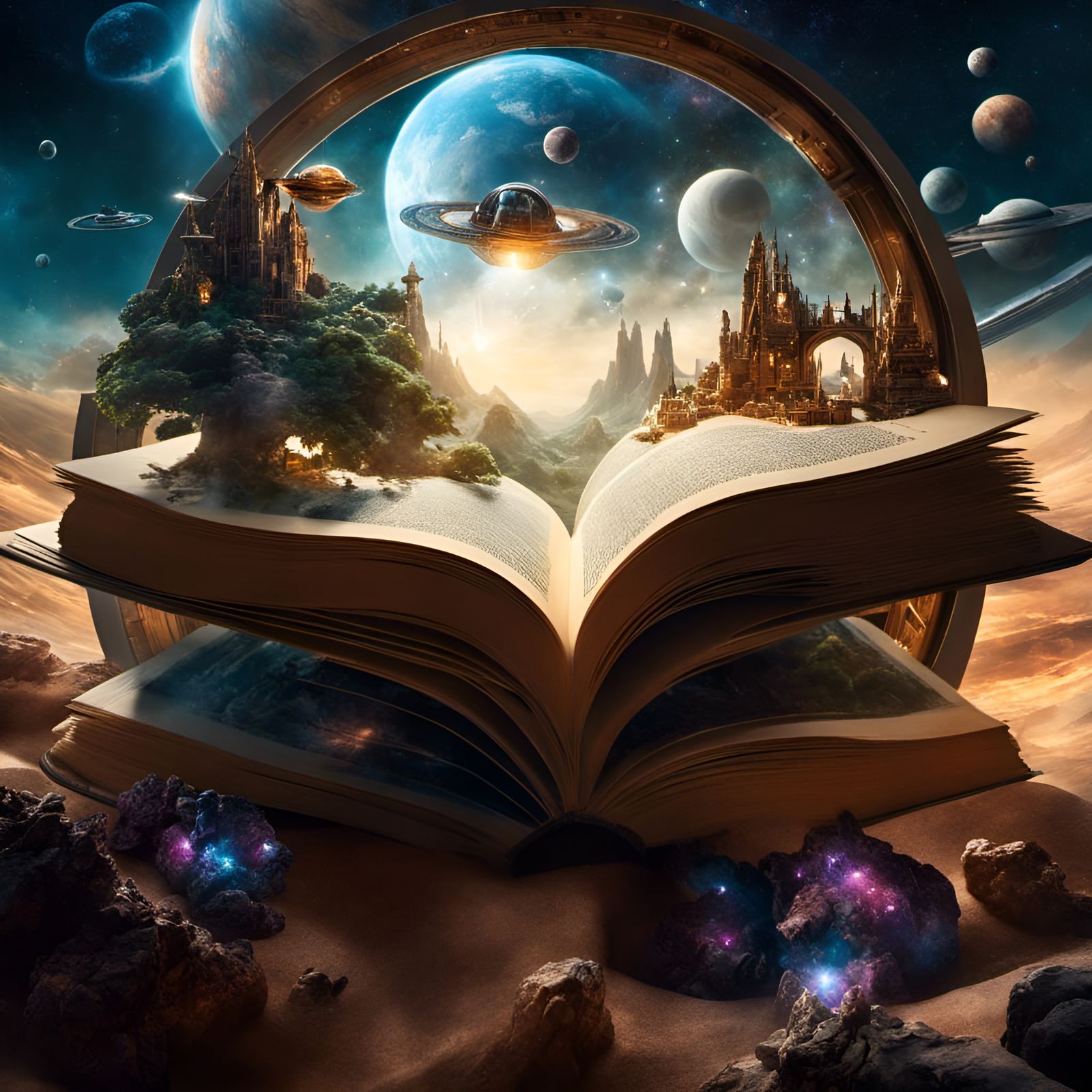 Sci-Fi Wonderland Emerges from Book, Digital Illustration