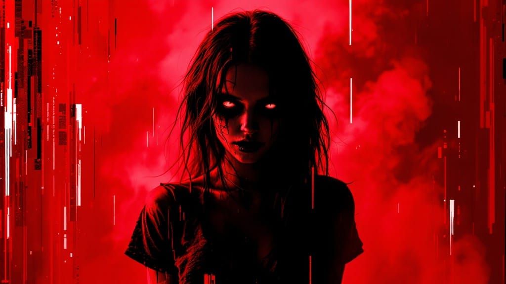 Glitch Art Zombie Woman in Smoky Black Silhouette