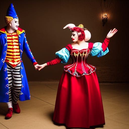 Queen and Jester Holding Hands in Cinematic Light