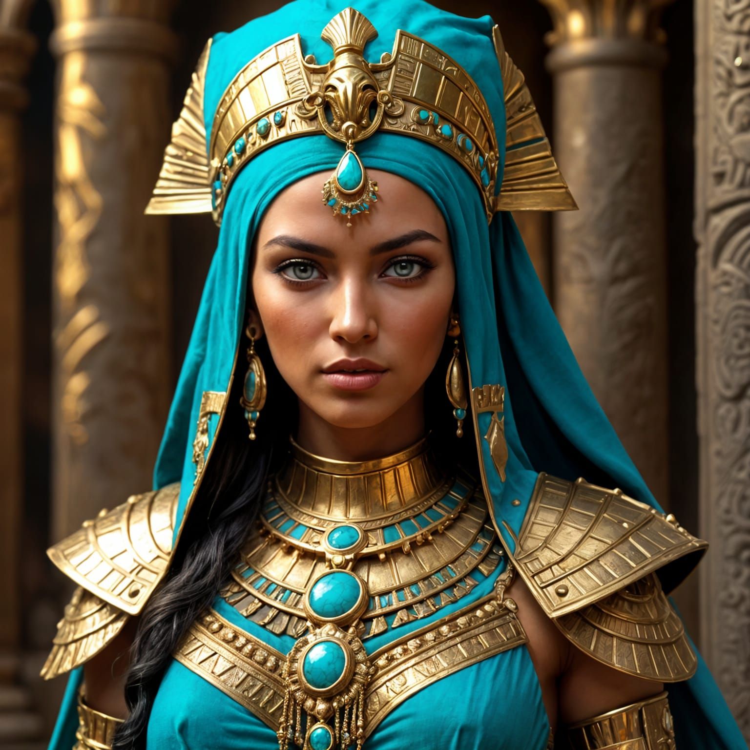 Gorgeous Female Pharaoh in Gold and Turquoise Attire