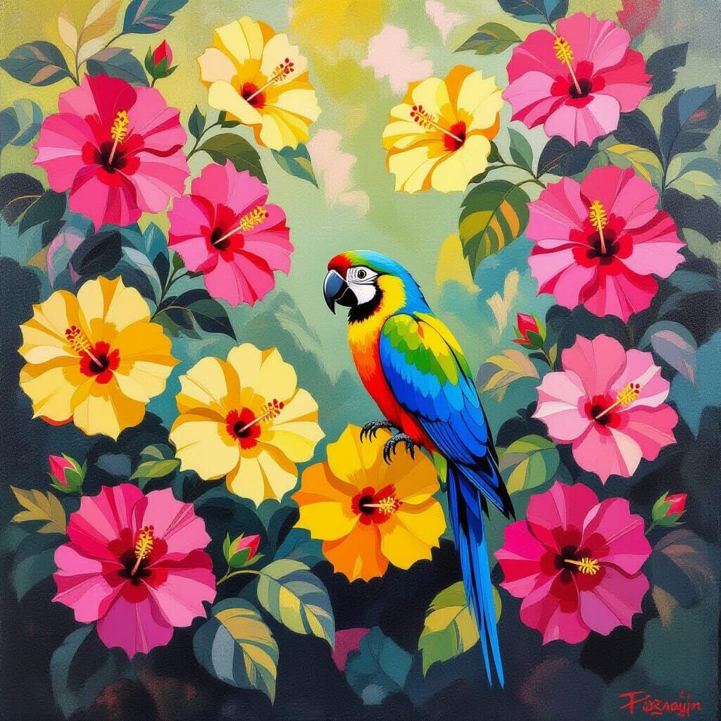 Parrot in Hibiscus Garden as Impasto Painting