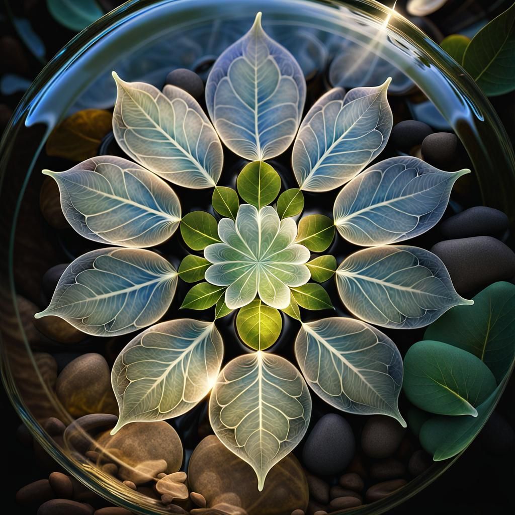 Psychedelic Mandala of Translucent Leaves and Fractal Geomet...