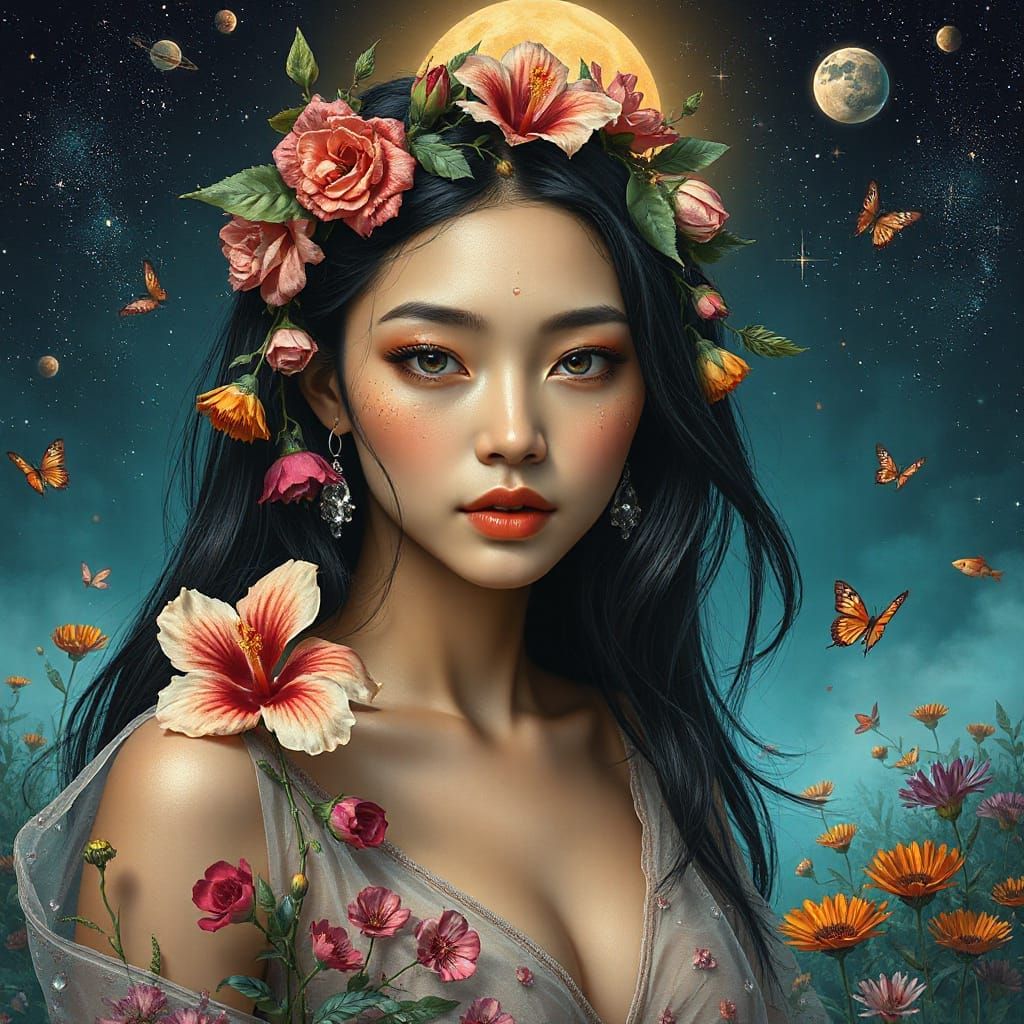 Evenki Woman with Floral Crown and Silver Droplets