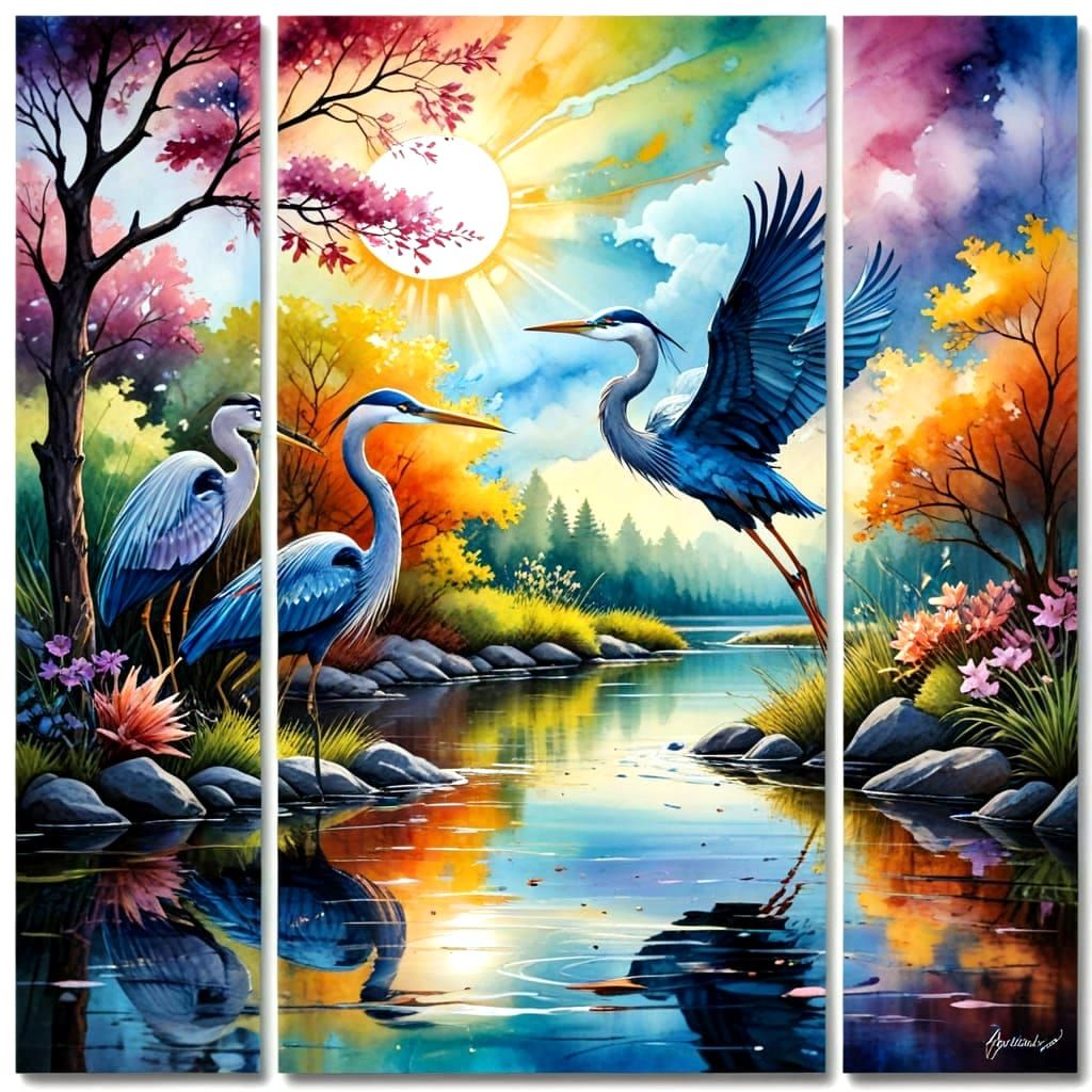 Four Panel Artwork Featuring Colorful Herons by a Serene Lak...