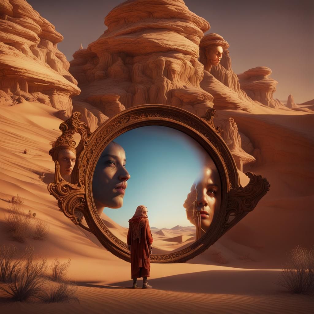 Faces Reflected in Desert Landscape