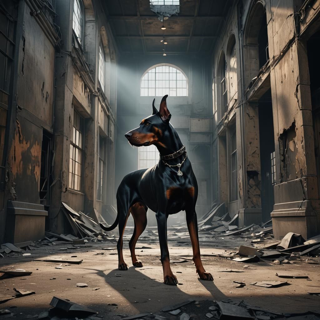 Doberman in Abandoned Building, Fantasy Concept Art