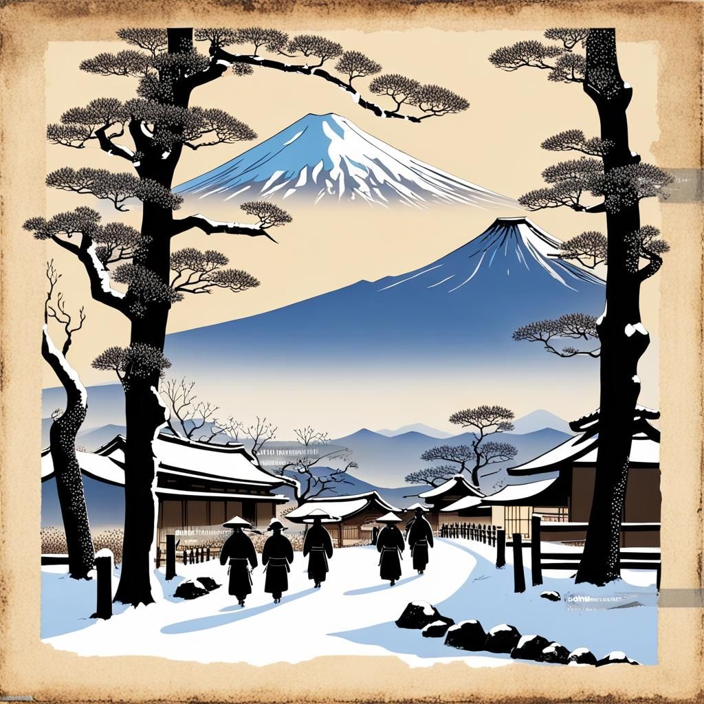 Mount Fuji Village Scene in Winter Morning