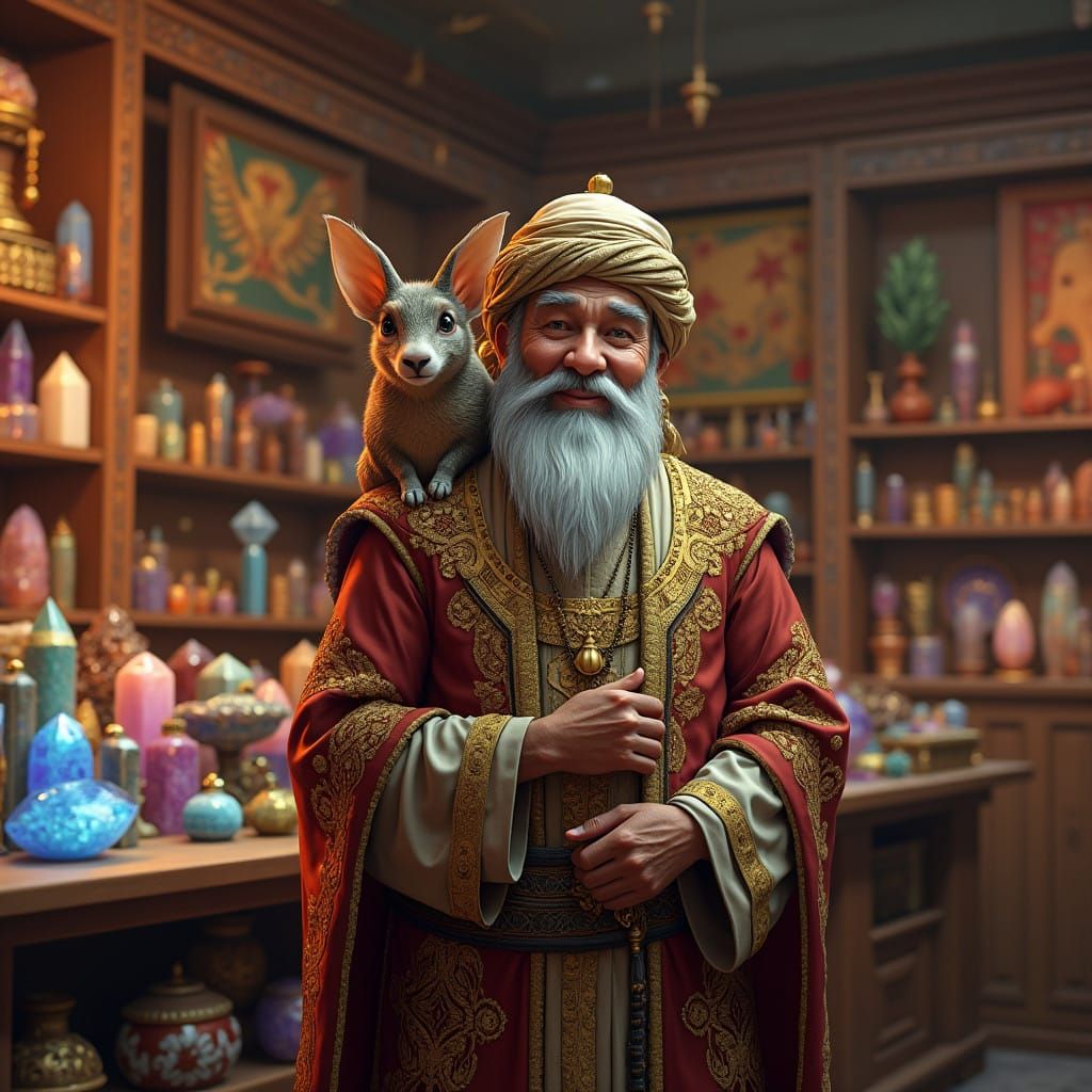 Charismatic Old Arabian Merchant in Noble Regal Shop