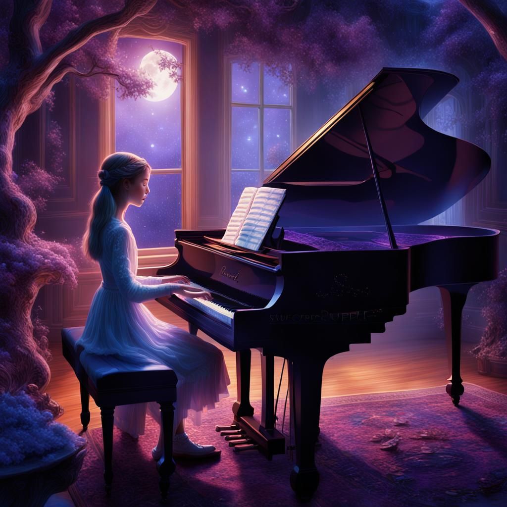 Girl Plays Piano in Moonlight: Digital Matte Painting