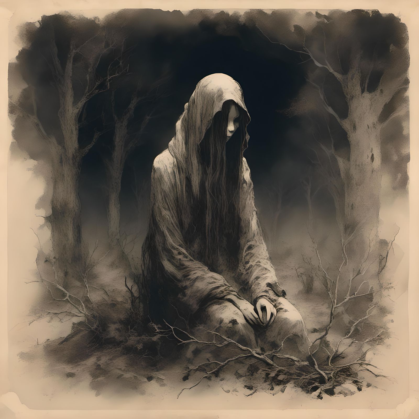 Eerie Graveyard Scene with Faceless Woman