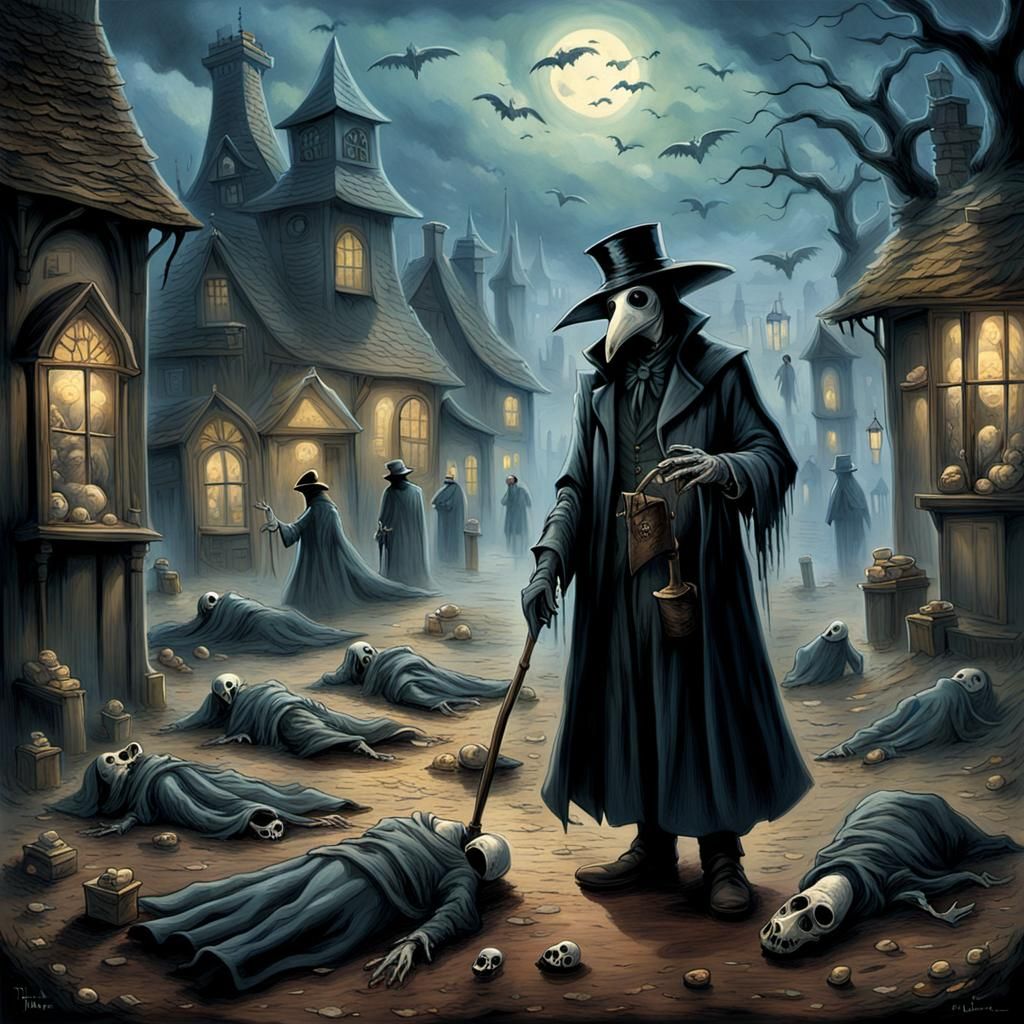 Plague Doctor's Grim Task: A Burtonesque Kinkade