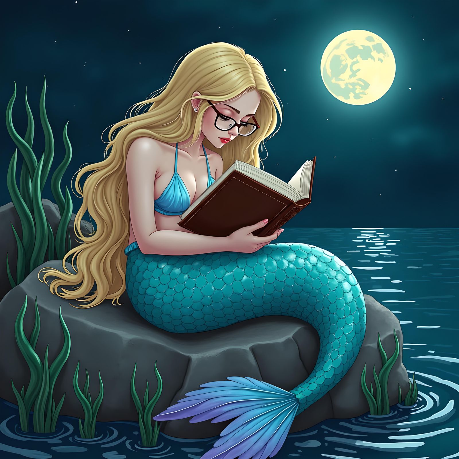 Blonde Mermaid Reading at Midnight