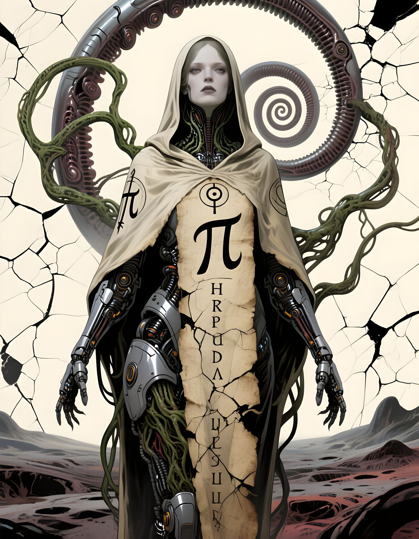 Biomechanical Figure in Surreal Landscape