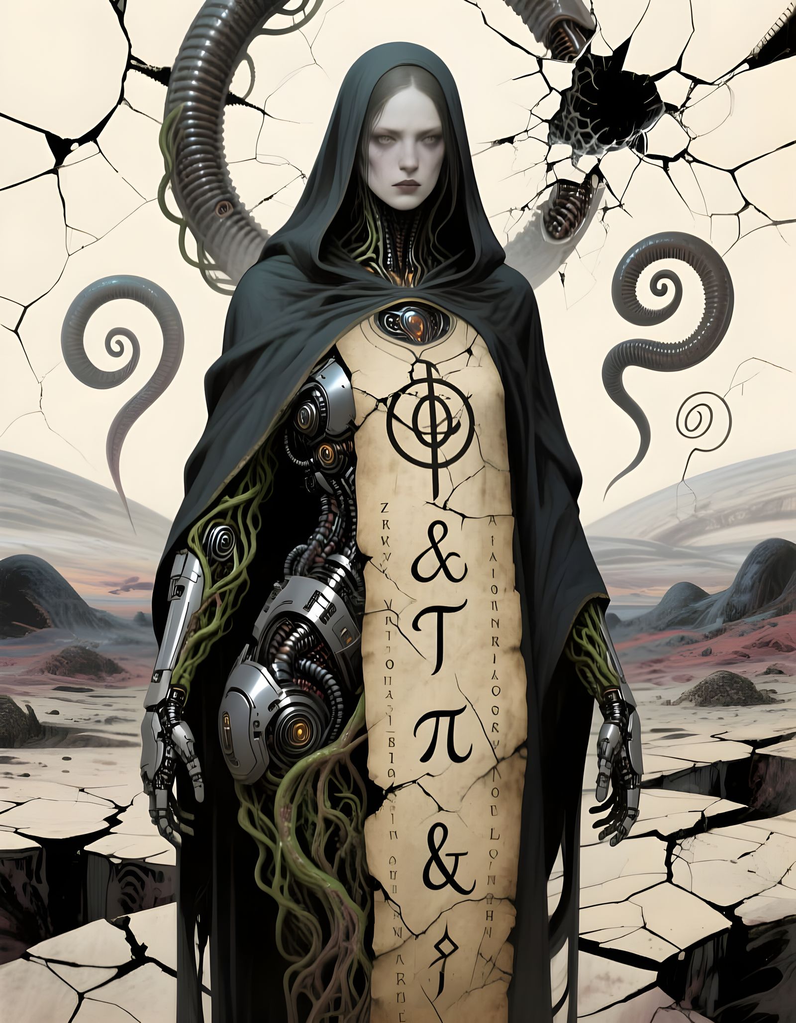 Biomechanical Figure in Surreal Landscape