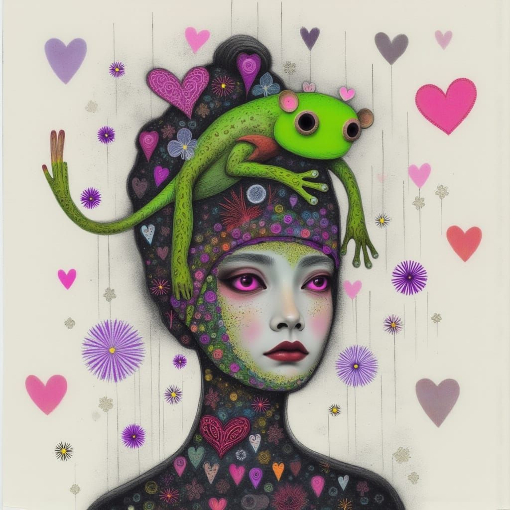 Abstract Woman in Frog-Shaped Beanie with Biomechanical Flai...
