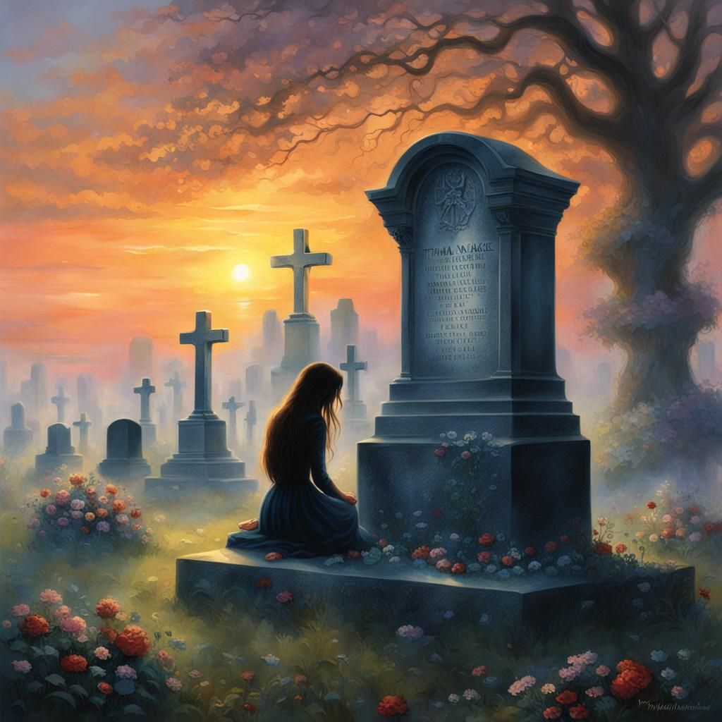 Mourning Silhouette at Sunset Grave