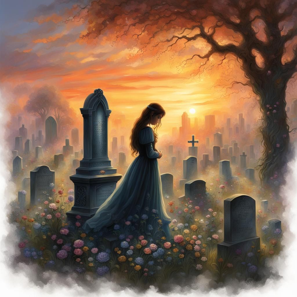 Mourning Woman Silhouette at Sunset Grave