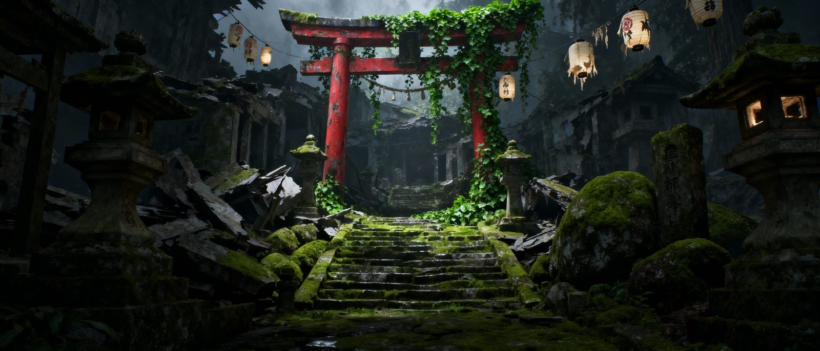 Ancient Tori Gate in Ruined Japanese Shrine