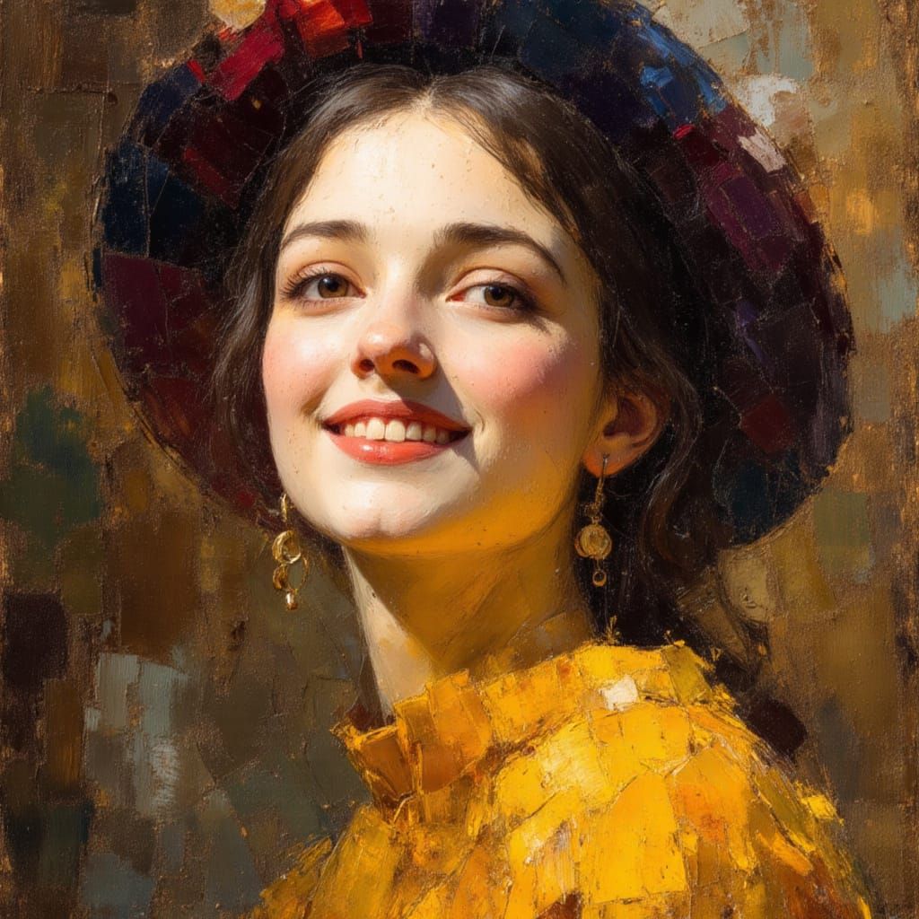 Oil Portrait of Smiling Woman, Masterpiece in Caravaggio Sty...