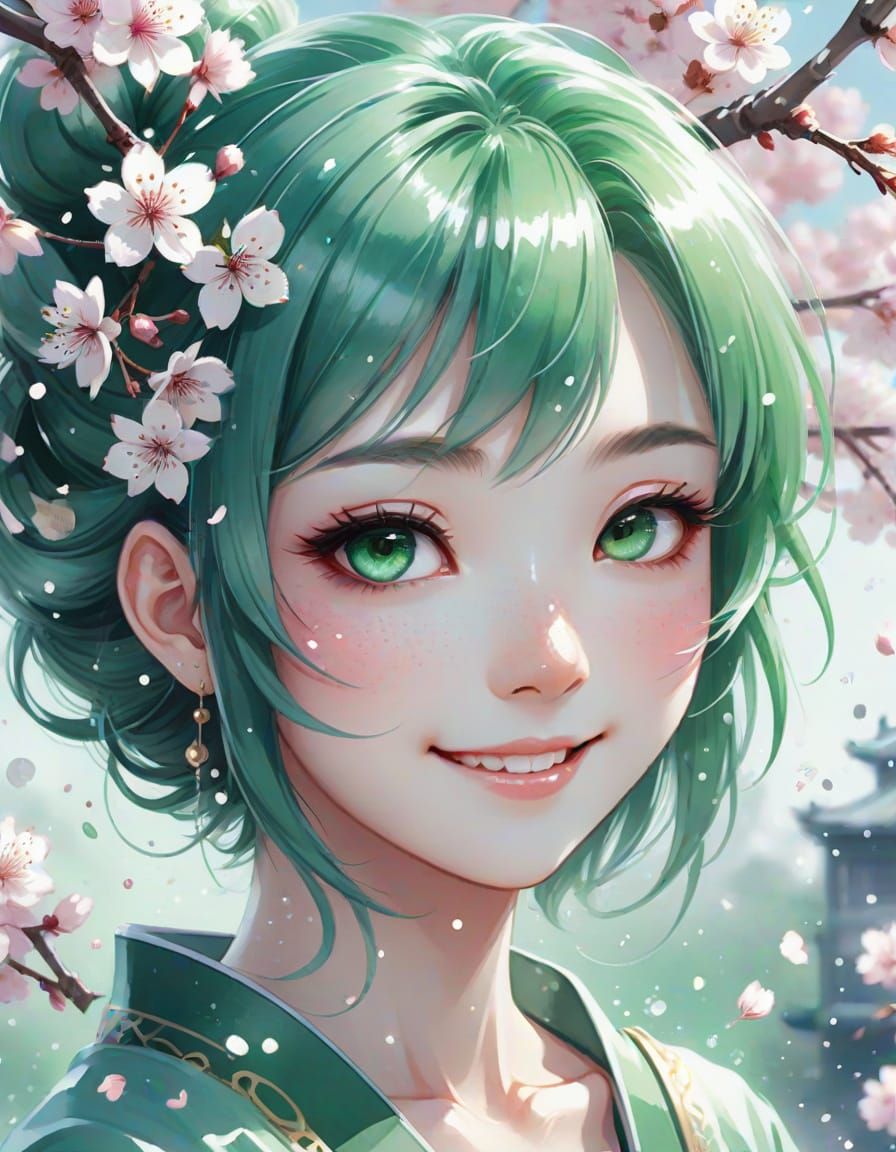Celadon Anime Girl with Cherry Blossoms in Watercolor