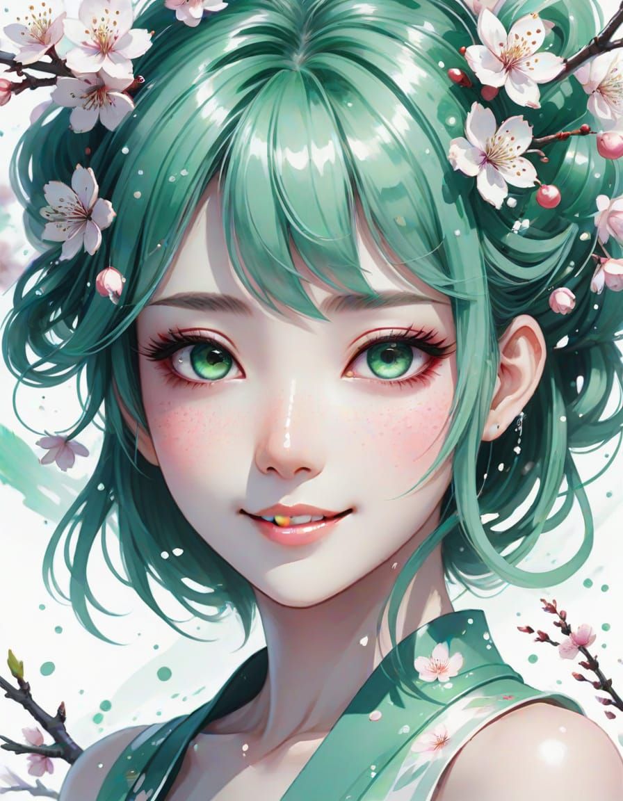 Anime Girl with Cherry Blossoms in Watercolor Style