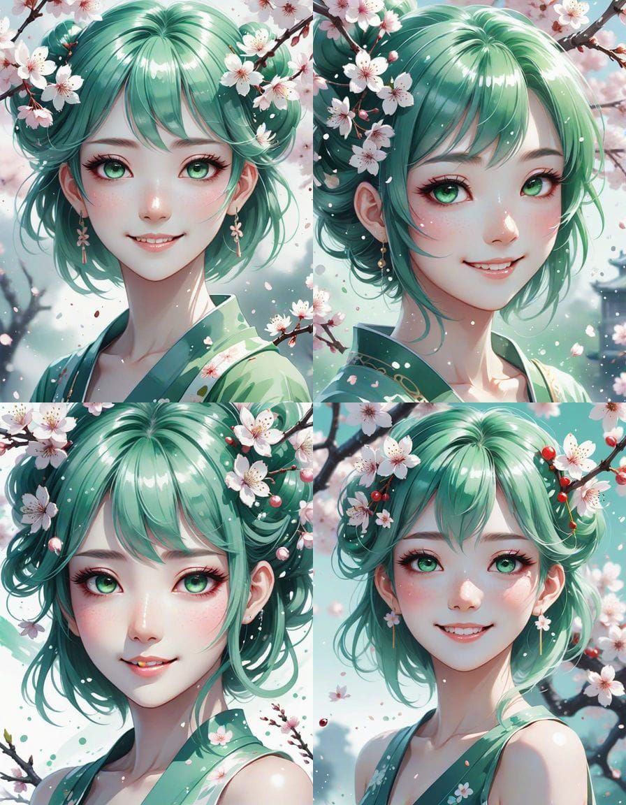 Anime Girl with Cherry Blossoms in Watercolor Style